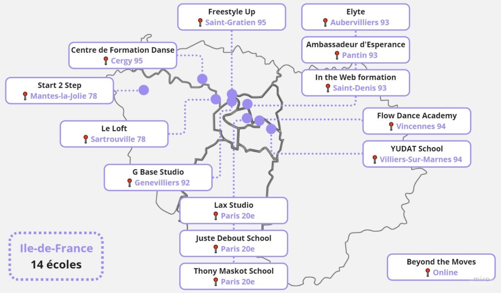 Carte des écoles de danse hip hop freestyle en Ile-de-France